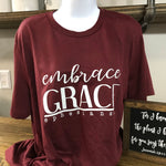 Embrace Grace graphic tee; heather cardinal